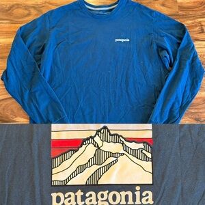 Patagonia Men’s Navy Blue Logo Tee Shirt XL Mountain Skyline Long Sleeve Top